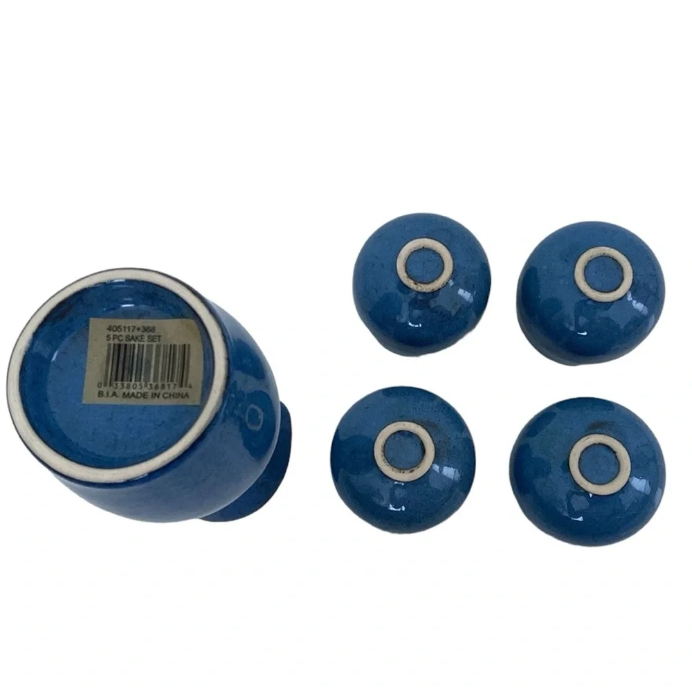 BIA Sake 5 Piece Blue Brown Trim Ceramic Set